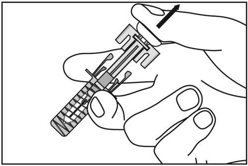 Mano che afferra un dispositivo autoiniettante con ago esposto pronto per l