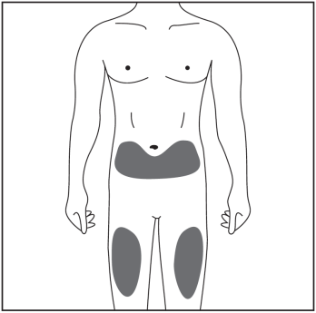Schema del corpo umano con aree grigie che indicano le zone di iniezione sottocutanea addominale e glutei