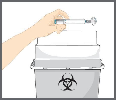 Mano che tiene una penna per insulina sopra un contenitore per rifiuti speciali con simbolo biohazard