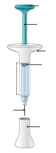 Siringa pre-riempita con stantuffo trasparente e ago protetto da cappuccio, indicazioni frecce posizionate lungo il corpo