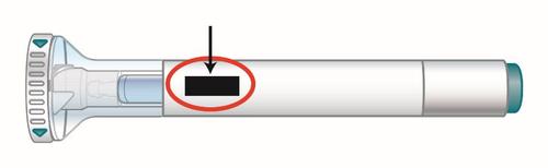 Penna iniettabile bianca e azzurra con freccia nera che indica l’area evidenziata da un cerchio rosso