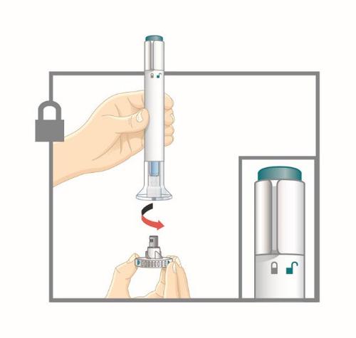 Penna iniettabile con ago protetto, mano che avvita un adattatore e dettaglio del meccanismo di blocco di sicurezza