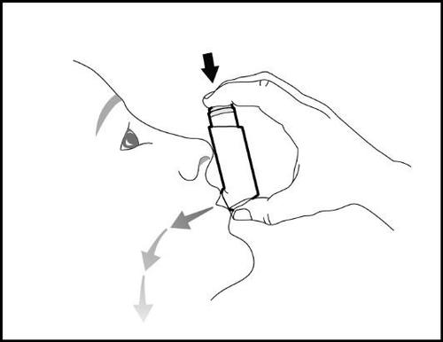 Profilo del viso con mano che tiene un inalatore nasale e frecce indicano la direzione di somministrazione