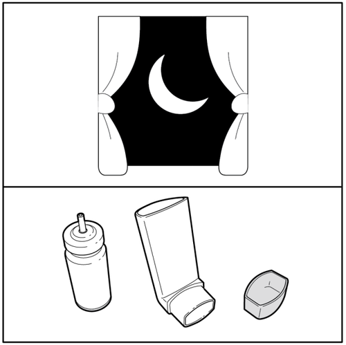 Luna crescente tra tende stilizzate sopra un inalatore, un tappo e una compressa bianca