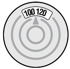 Cerchio grigio con tre anelli concentrici e freccia rivolta verso il basso indicante i numeri 100 e 120 in alto