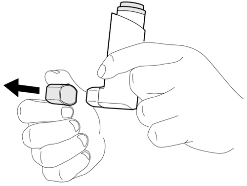 Mano che preme un dispositivo medico cilindrico con un pulsante rettangolare grigio e una freccia nera indica la pressione