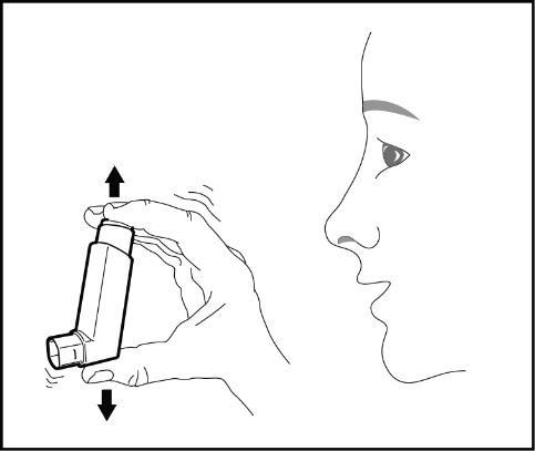 Profilo di una donna con un inalatore per asma in mano e frecce che indicano la corretta tecnica di inalazione