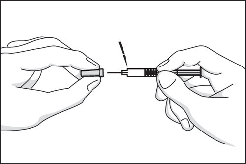 Due mani che tengono e collegano un adattatore a una siringa preriempita con un ago nero