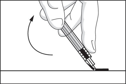 Mano che ruota una penna iniettabile con ago inserito nella pelle, freccia curva indica il movimento di rotazione