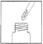 Fiala di vetro con collo filettato e un contagocce che eroga gocce liquide all