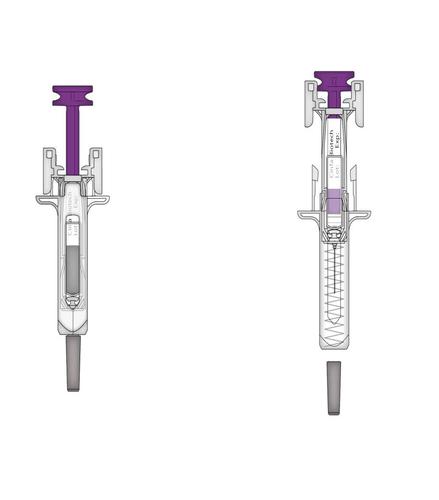 Siringa precompilata con stantuffo viola e meccanismo a molla visibile in sezione trasversale, con indicazioni di dosaggio laterali
