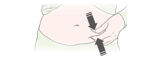 Pelle addominale con piega sollevata da due dita e frecce nere che indicano il punto di iniezione sottocutanea