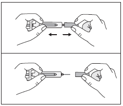 Due mani che assemblano un dispositivo medico con due componenti cilindrici e una freccia che indica la direzione di inserimento
