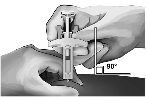 Mano che tiene un dispositivo di iniezione precompilato con ago inserito perpendicolarmente nella pelle indicazione angolo di 90 gradi