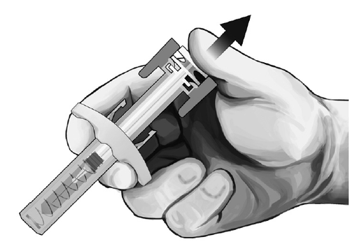 Mano che tiene una siringa preriempita con ago inserito, freccia che indica la direzione di iniezione sottocutanea