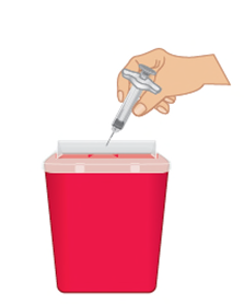 Mano che depone una siringa usata in un contenitore rosso per rifiuti speciali con coperchio bianco di sicurezza