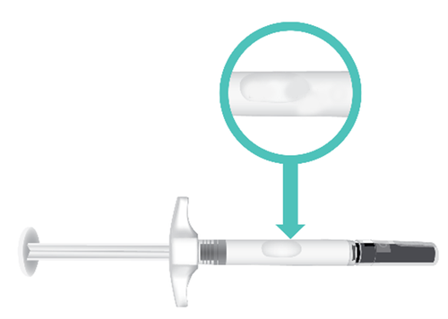 Siringa preriempita trasparente con stantuffo premuto e ingrandimento circolare sulla parte inferiore del cilindro