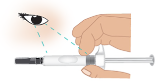 Occhio che guarda una siringa bianca e nera tenuta da una mano, con linee tratteggiate che indicano la direzione dello sguardo