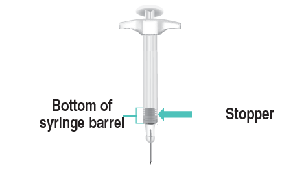 Siringa trasparente con ago sottile, stantuffo bianco e indicazioni grafiche su fondo bianco, stopper evidenziato
