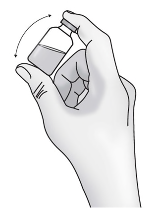 Mano che ruota un flaconcino di vetro trasparente contenente un liquido chiaro con una freccia curva che indica il movimento