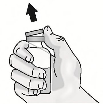 Mano che tiene e inclina un flacone medicinale aperto con un tappo parziale e una freccia nera indica la direzione