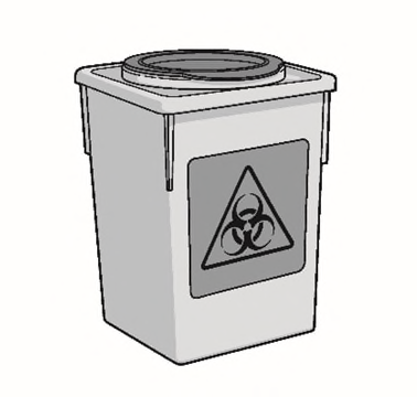 Contenitore grigio per rifiuti speciali con coperchio e simbolo di rischio biologico triangolare nero su sfondo bianco