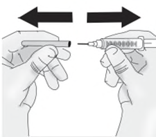 Mani che tengono una penna precompilata con ago esposto e frecce bidirezionali che indicano il movimento laterale