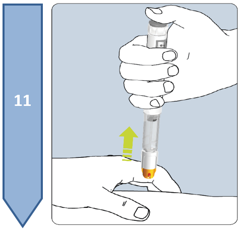 Mano che tiene un dispositivo per iniezione con ago rivolto verso l