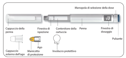 Penna per insulina con cappuccio, contenitore cartuccia, finestra di ispezione e dosaggio, ago con manicotto e involucro protettivo
