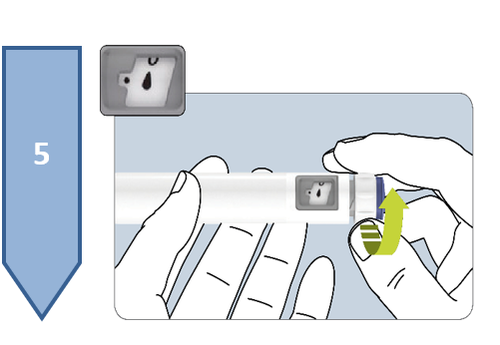 Mano che tiene un dispositivo per iniezione con una freccia verde che indica la direzione di spinta del pistone