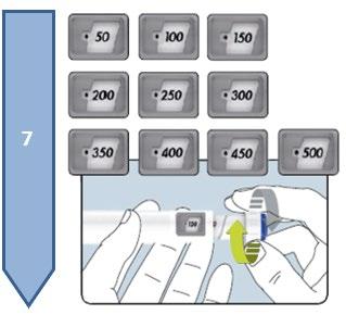 Penna iniettabile con numeri da 50 a 500 e freccia che indica la regolazione della dose con le mani