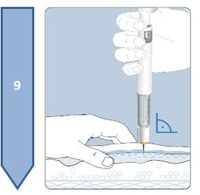Mano che tiene un dispositivo per iniezione con ago inserito nella pelle ad angolo di 45 gradi indicazione visiva dell