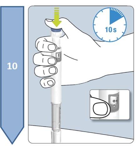 Mano che tiene un dispositivo per iniezione con freccia verso il basso e timer impostato a 10 secondi con dettaglio dell