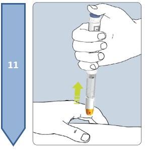 Mano che tiene un dispositivo per iniezione con ago inserito nella pelle dell