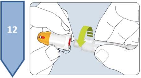 Dispositivo di iniezione pre-riempito con cappuccio protettivo arancione e ago trasparente collegati da una freccia verde che indica la rotazione