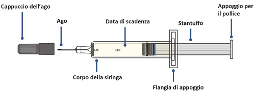 Siringa pre-riempita con stantuffo, flangia di appoggio, corpo, ago e cappuccio protettivo, indicazioni di lotto e scadenza
