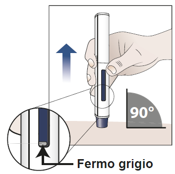 Penna iniettabile con ago inserito nella pelle, freccia blu indica direzione e ingrandimento del meccanismo di rilascio con fermo grigio