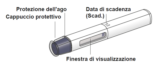 Penna iniettabile con cappuccio protettivo, finestra di visualizzazione e indicazione della data di scadenza vicino all