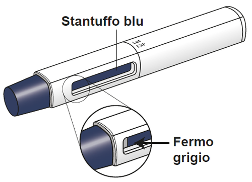 Penna iniettabile blu e grigia con indicatore di dose e meccanismo di fermo evidenziato in un ingrandimento circolare