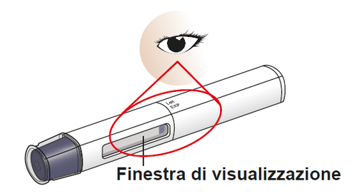 Penna per insulina bianca e grigia con finestra di visualizzazione evidenziata da un cerchio rosso e freccia da un occhio