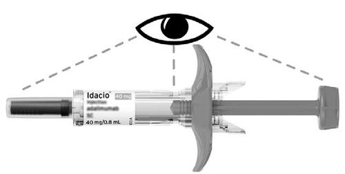 Siringa pre-riempita Idacio 40 mg/0,8 mL con ago protetto da cappuccio, vista frontale e occhio stilizzato sopra