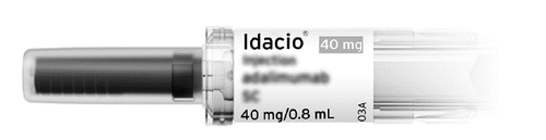 Siringa preriempita con etichetta bianca Idacio 40mg/0,8mL per iniezione sottocutanea con indicazioni e codice 03A