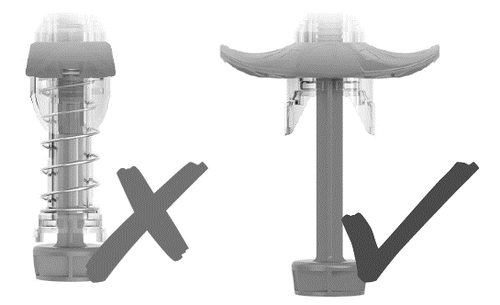 Dispositivo inalatorio con due componenti mostrate, una con croce rossa e l