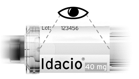Occhio stilizzato che guarda un flaconcino di medicinale Idacio 40mg con numero di lotto 123456 e frecce puntate