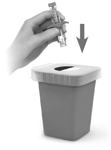 Mano che tiene una siringa pre-riempita sopra un contenitore per oggetti appuntiti con freccia direzionale verso il basso