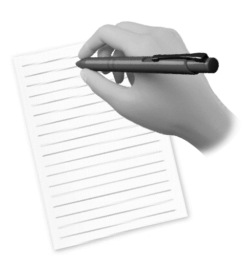 Mano che impugna una penna stilografica nera su un foglio di carta a righe bianche