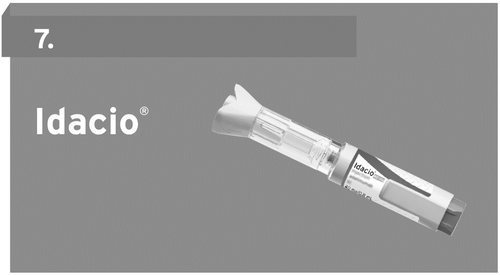 Penna per insulina Idacio con ago protettivo trasparente e corpo bianco con etichetta del prodotto