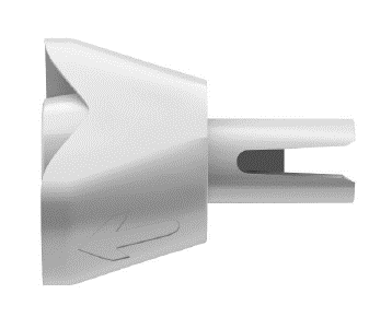 Dispositivo medico bianco con forma a U e freccia direzionale incisa sul lato destro