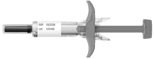 Siringa pre-riempita grigia con stantuffo blu, indicatore di data di scadenza 10/2035 e numero di lotto 123456 su etichetta bianca