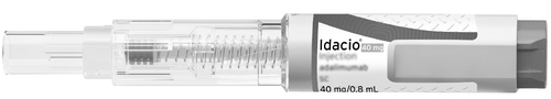 Penna precompilata Idacio 40 mg/0,8 mL con indicazioni di dosaggio e volume visibili sull